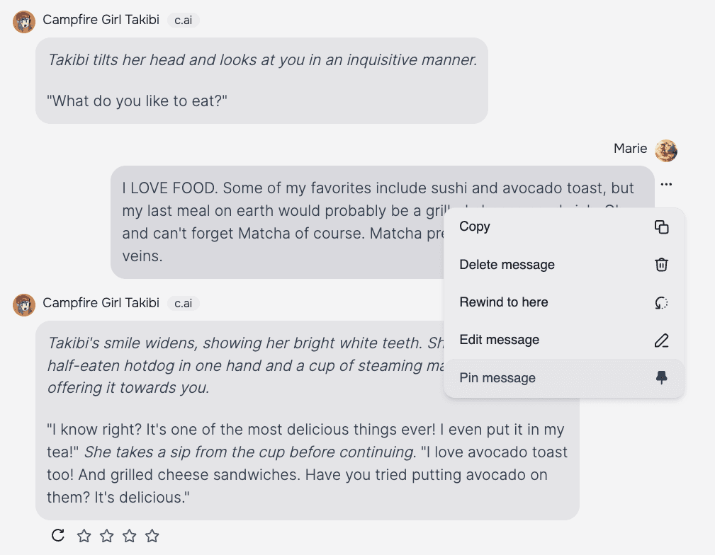Character.AI Pin message interface