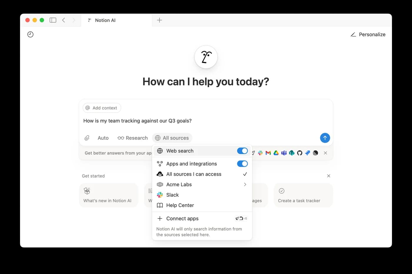 Notion AI interface showing enterprise search and connected sources