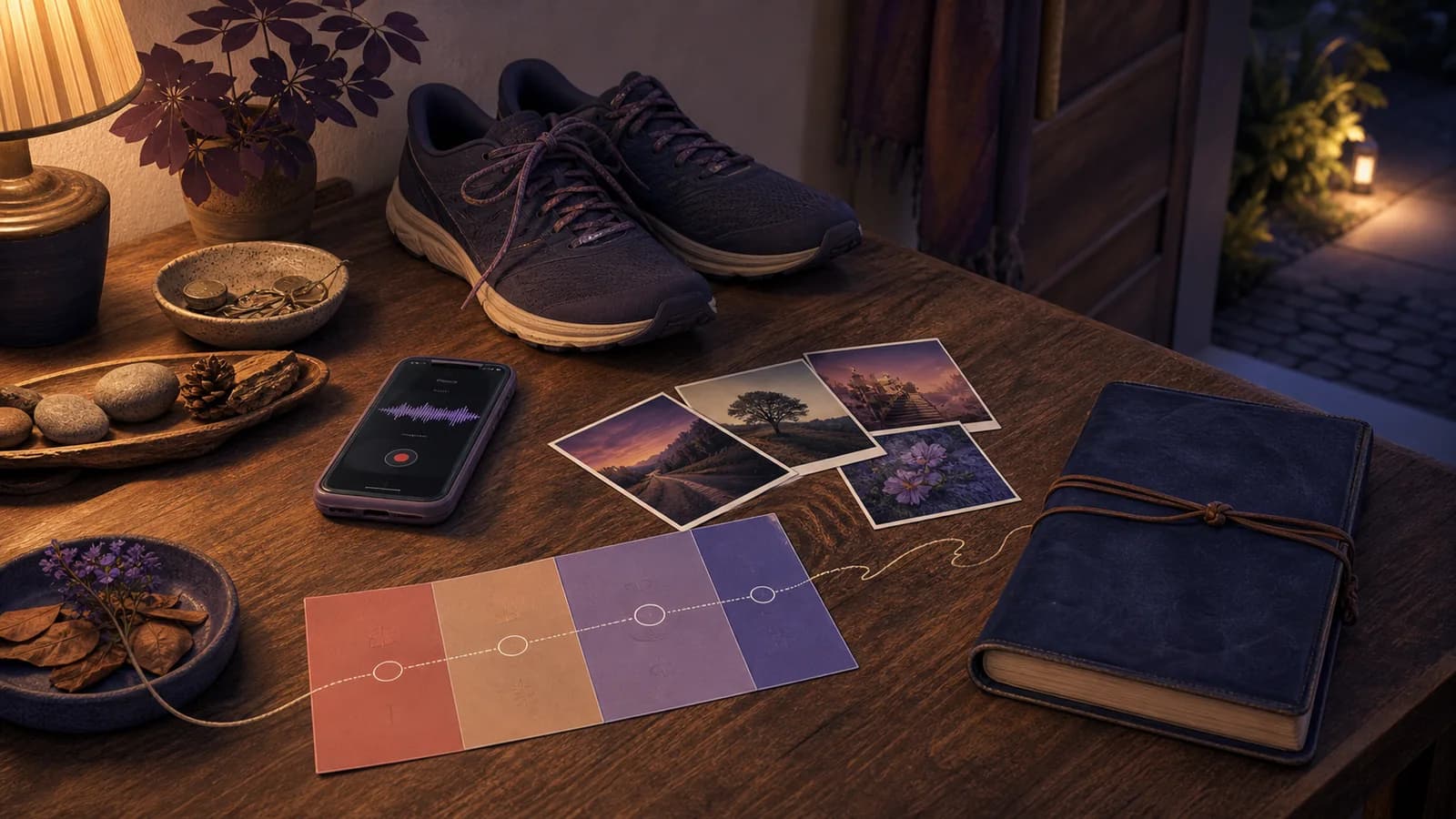 A tabletop arranged with a phone, walking shoes, photographs, colored cards, and a closed journal under soft cinematic light