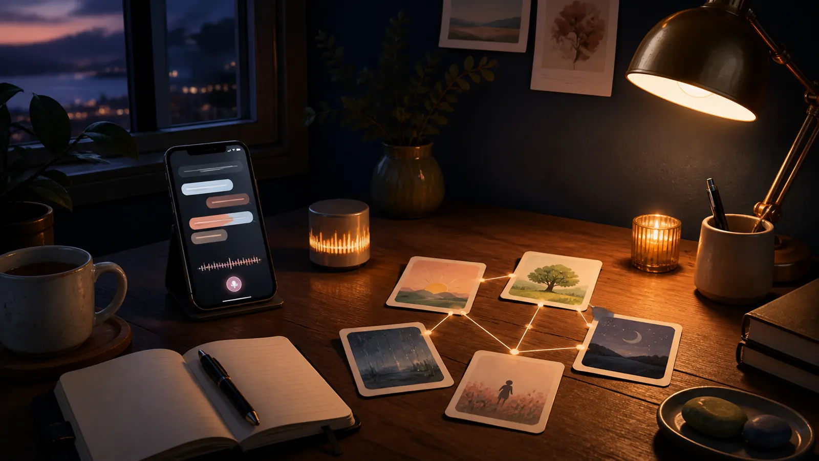 A person comparing AI companion styles through connected conversation cards and one long-term memory thread