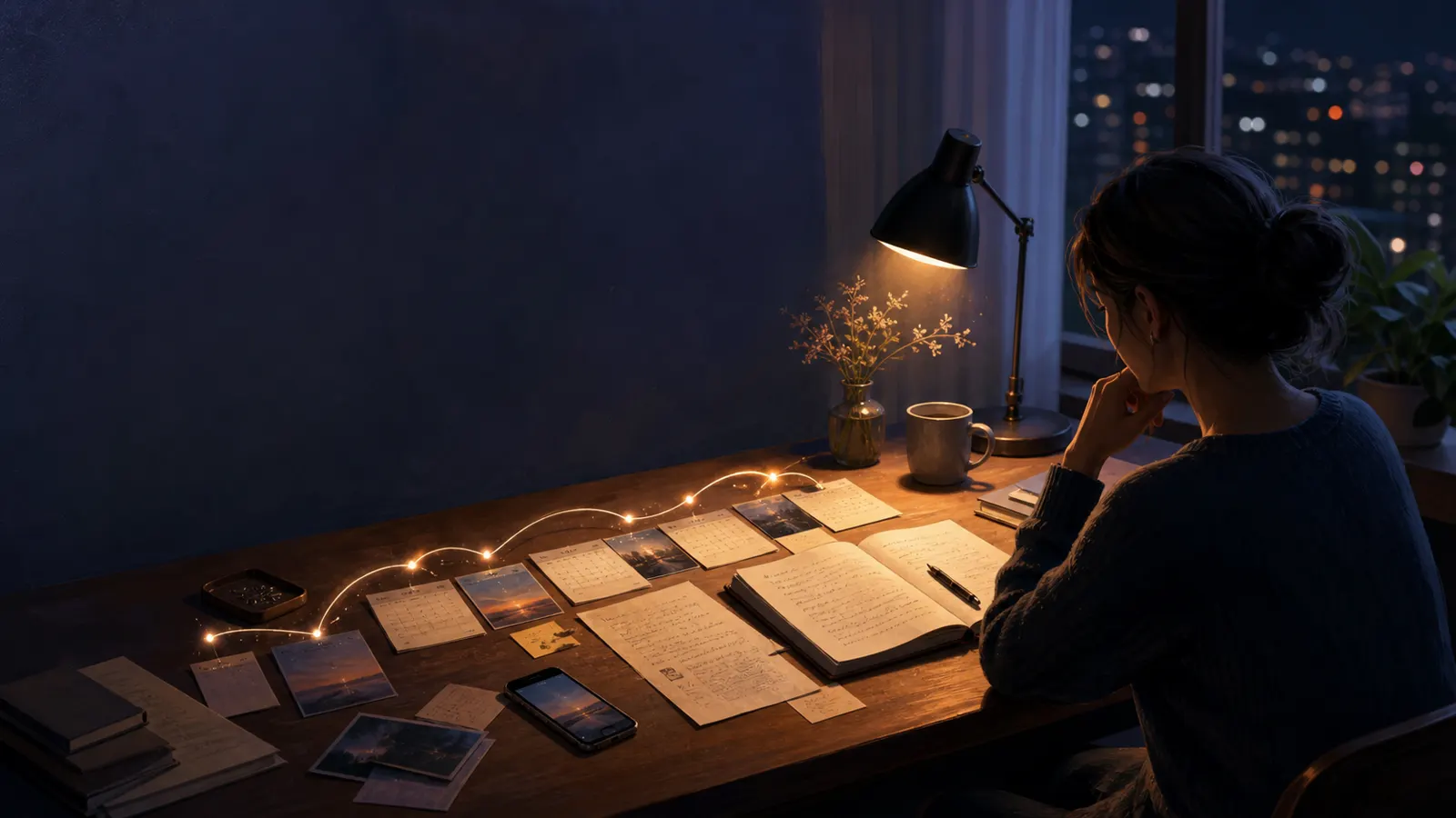 A premium AI journaling workspace connecting a phone conversation, voice waveform, notebook, and memory cards