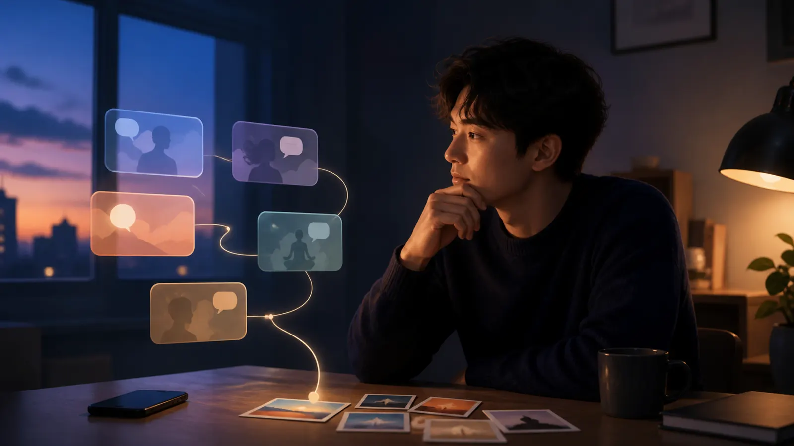 A person deciding what private thoughts to share with an AI journal beside a notebook and two colored paper piles