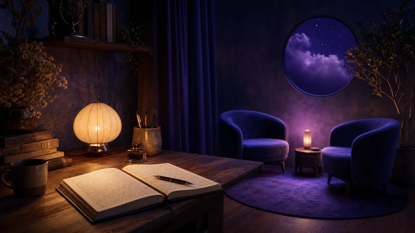 A handwritten journal and two conversational chairs sharing one intimate blue-violet room