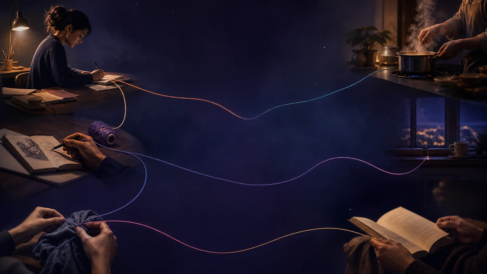 Colored threads from different daily scenes forming a loose constellation without closing into a fixed shape