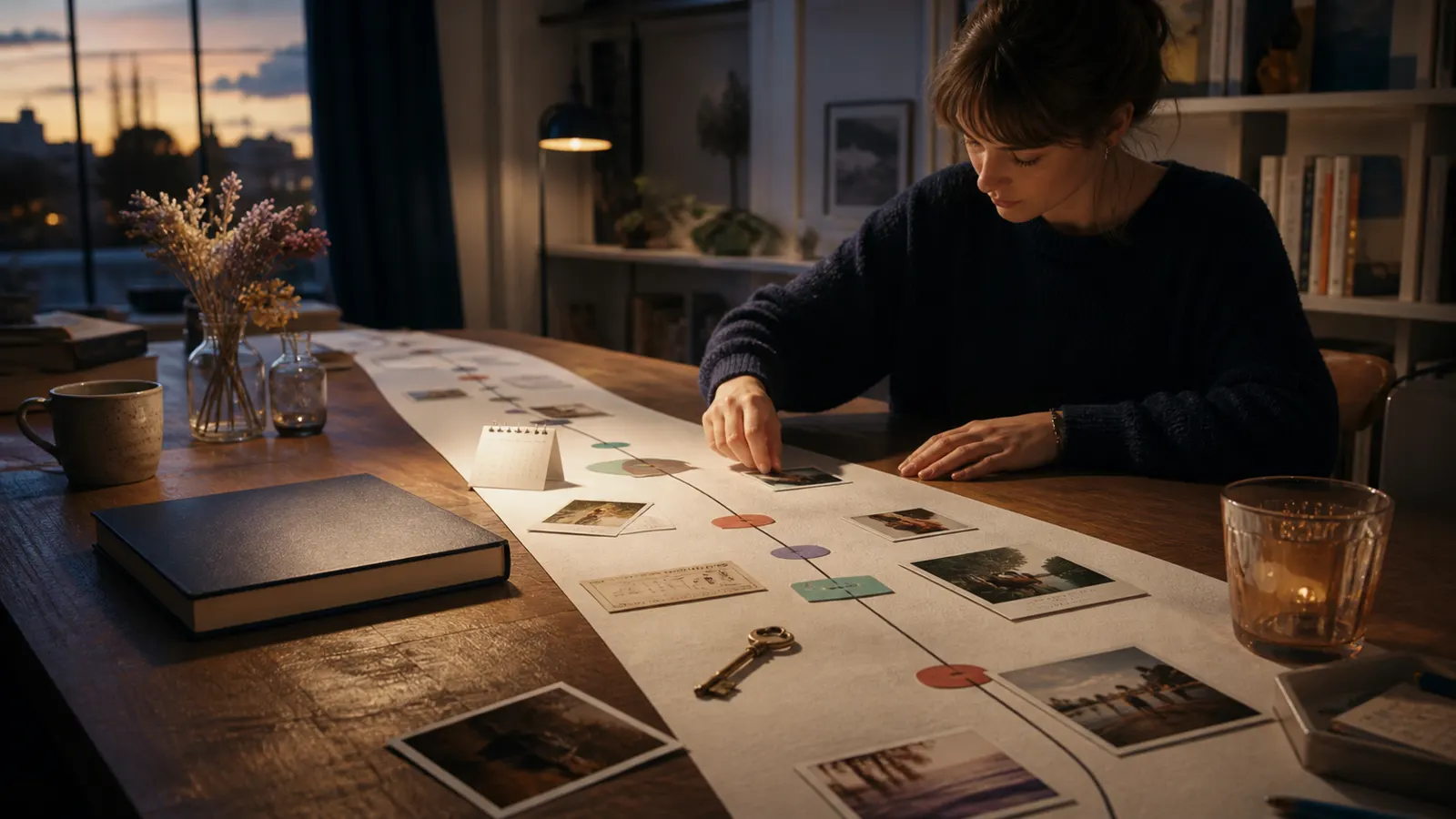 A person arranging meaningful life moments on a physical timeline with photographs, cards, a ticket, and a key