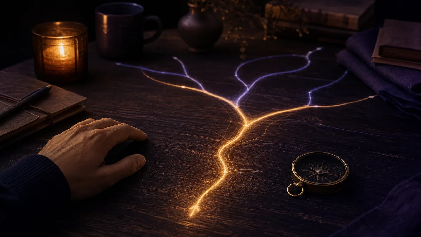 A forked path drawn across a dark desk with one chosen route illuminated and the alternatives still visible