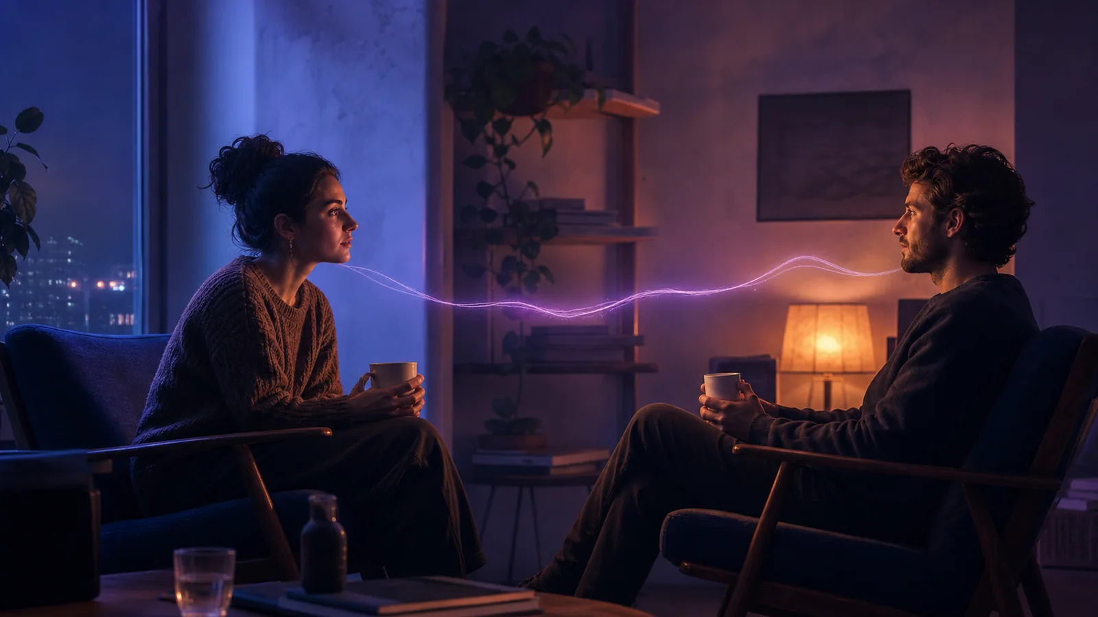A quiet evening conversation represented by two cups, two chairs, and a ribbon of warm light crossing a blue room