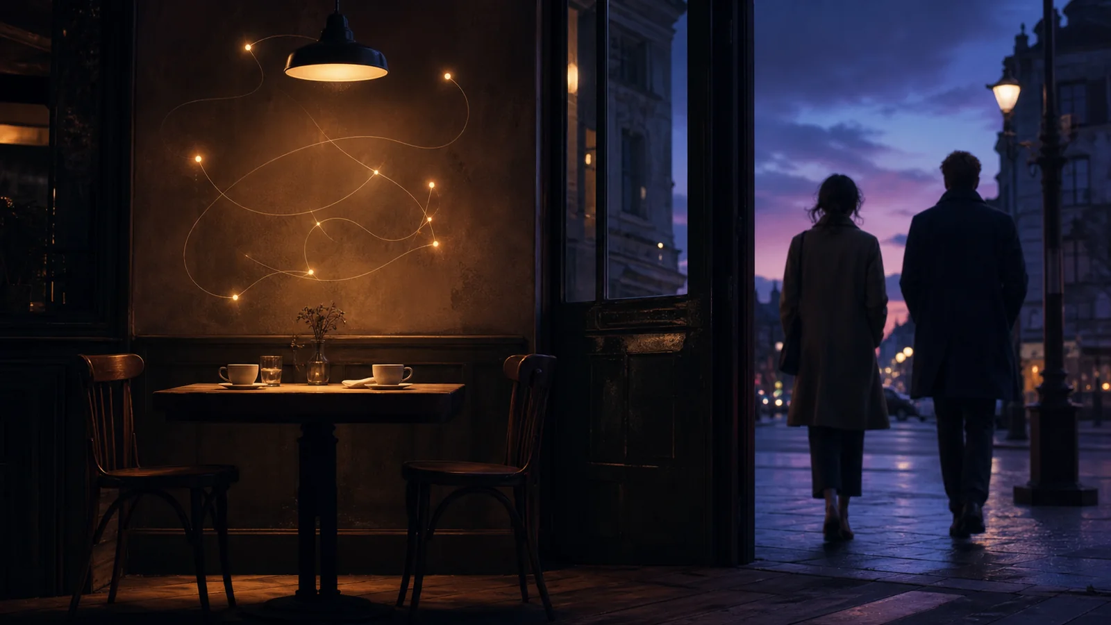 Two people leaving a quiet café while a few spoken phrases remain as warm points of light above the table
