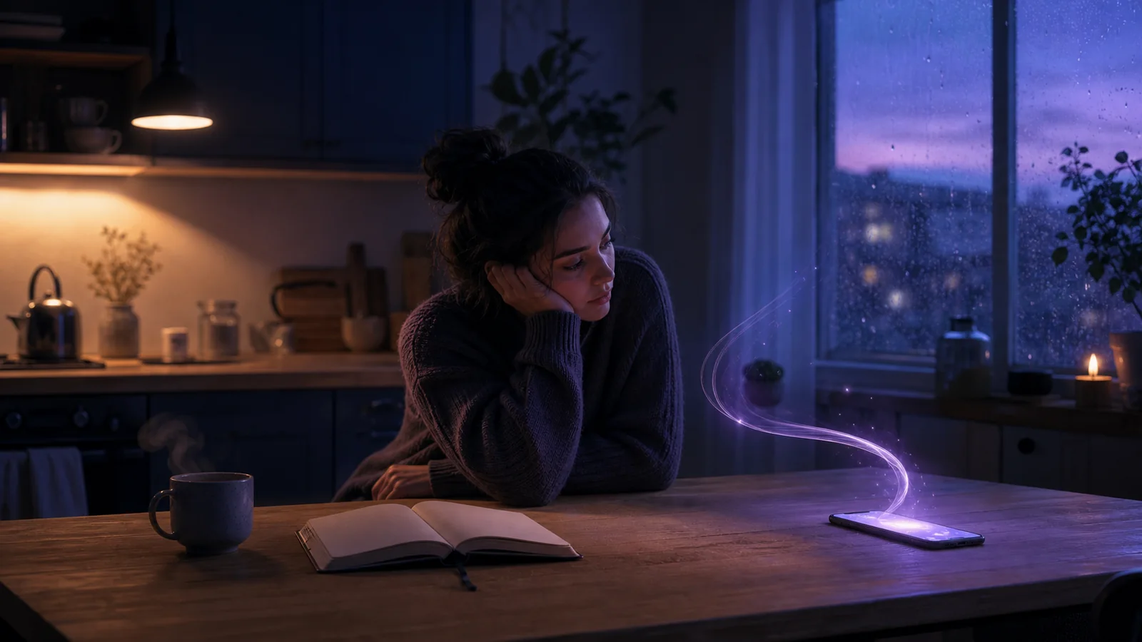 A tired person unwinding at a kitchen table while evening light gathers around a phone and an untouched notebook