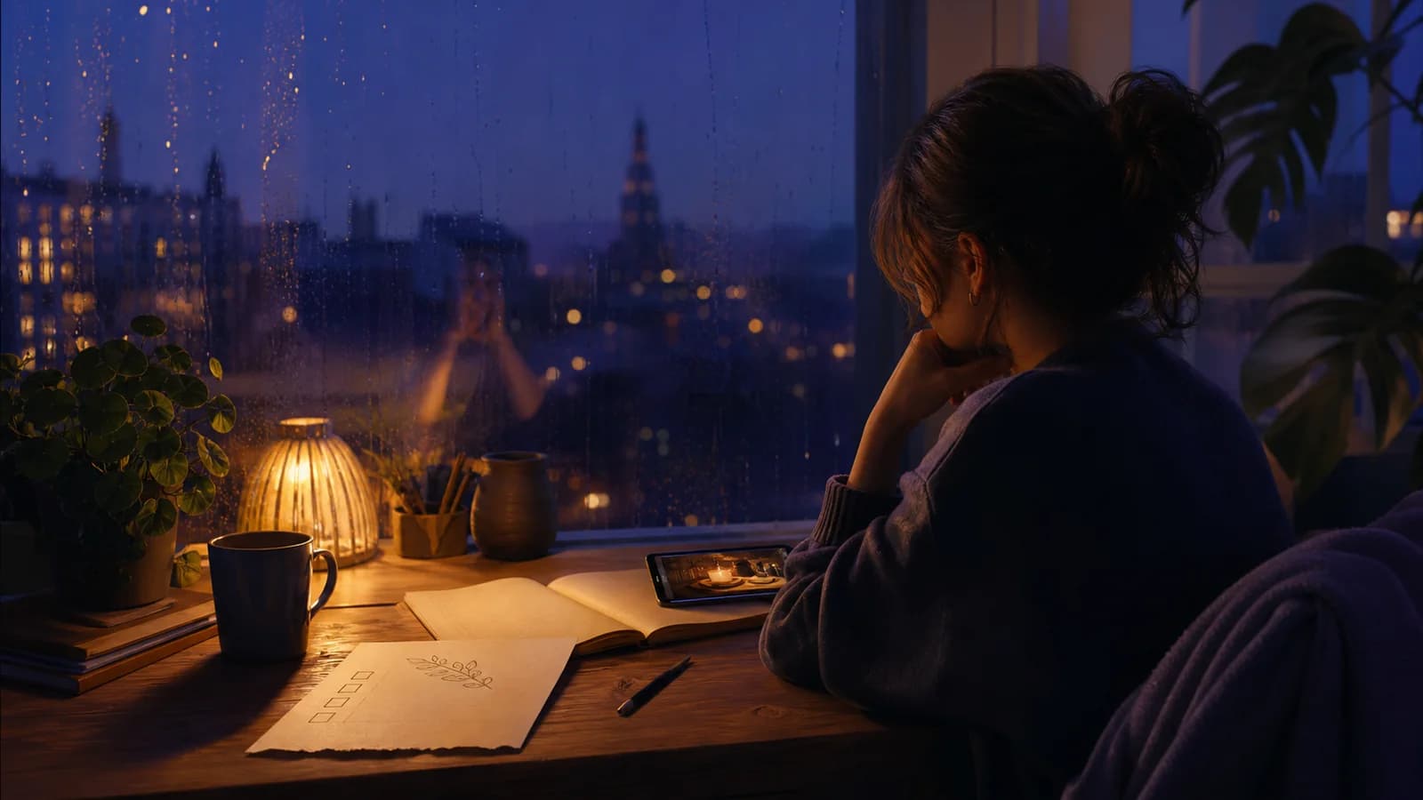 A person reflecting with Gemora beside a rainy evening window while one chosen moment glows on screen