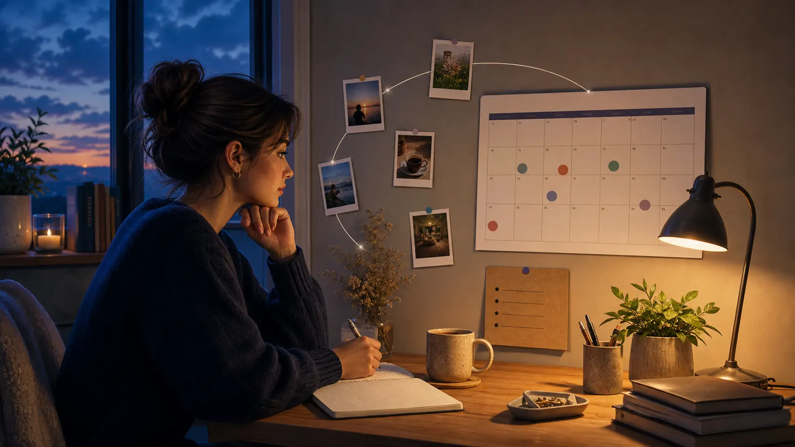 A person performing a calm monthly life review beside a wall calendar, notebook, coffee, and next-month intentions