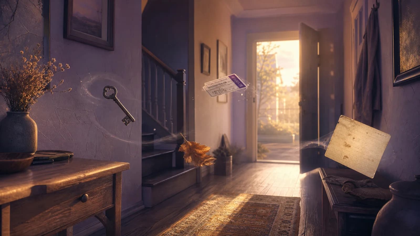 A sunlit hallway filled with small floating traces of an ordinary life, including a ticket, key, leaf, and handwritten note