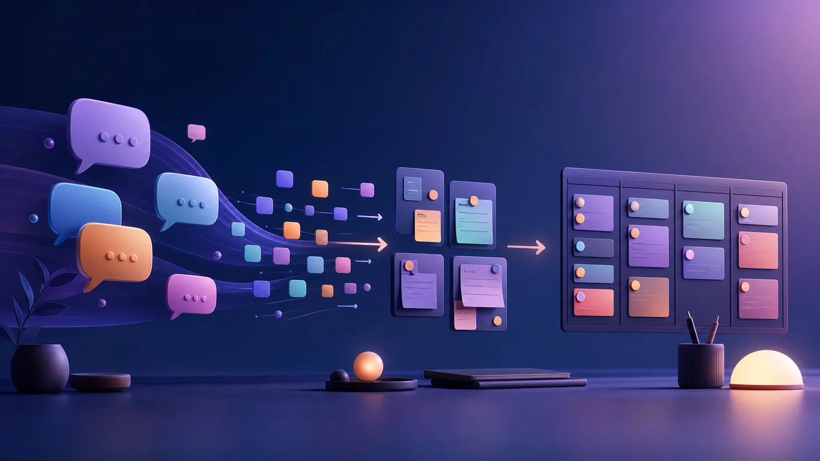 Editorial illustration for turning conversations into projects, notes, and tasks