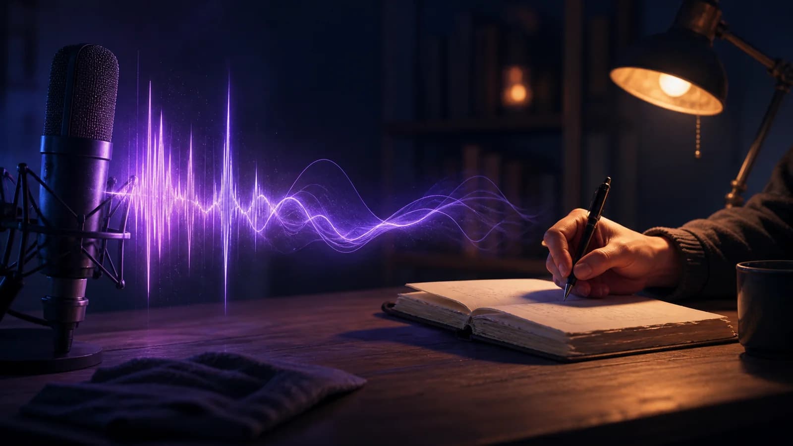 A microphone waveform and handwritten page meeting across a warmly lit midnight desk