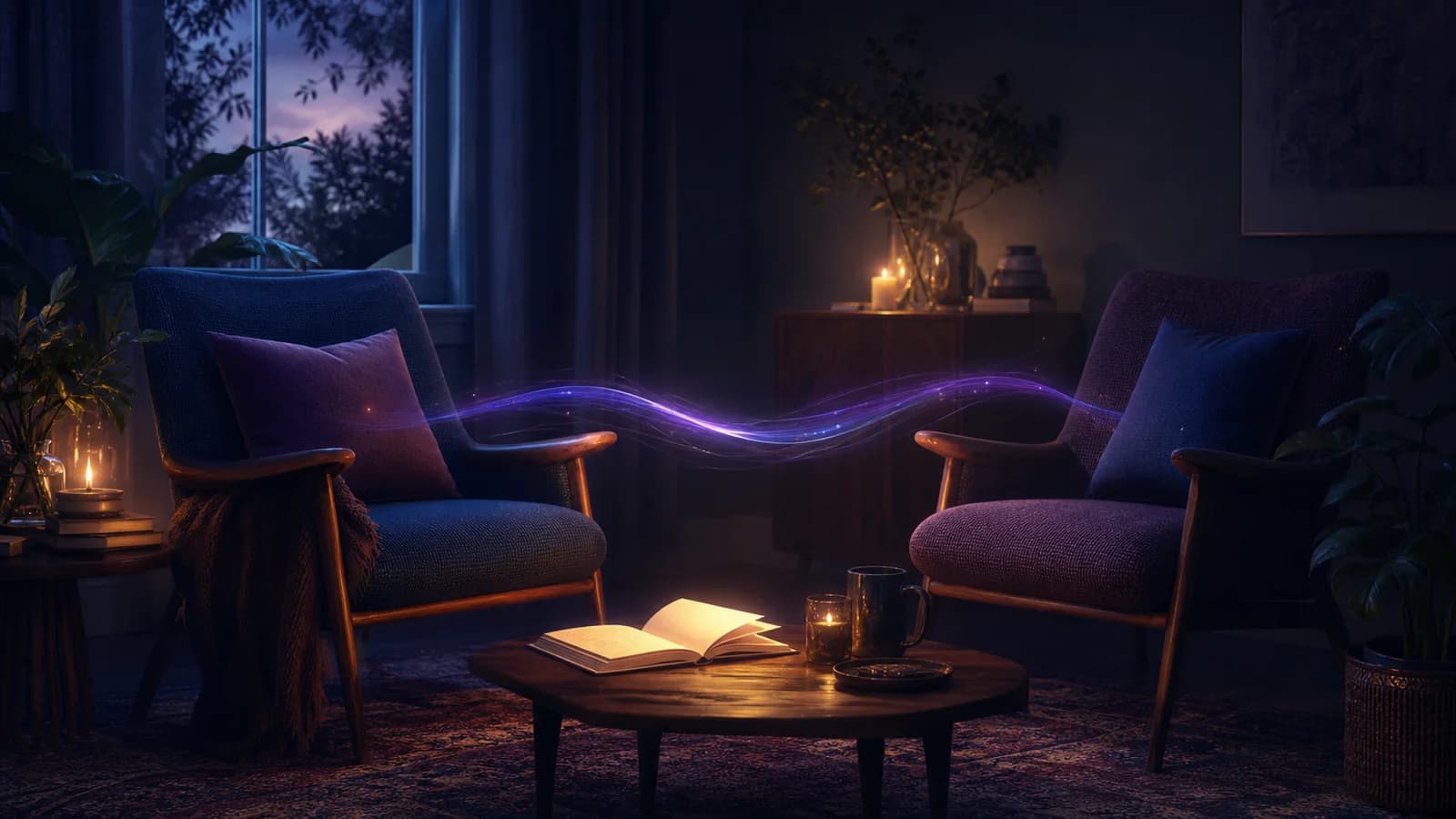 Two empty chairs beside a glowing notebook and a soft thread of light suggesting a patient reflective conversation
