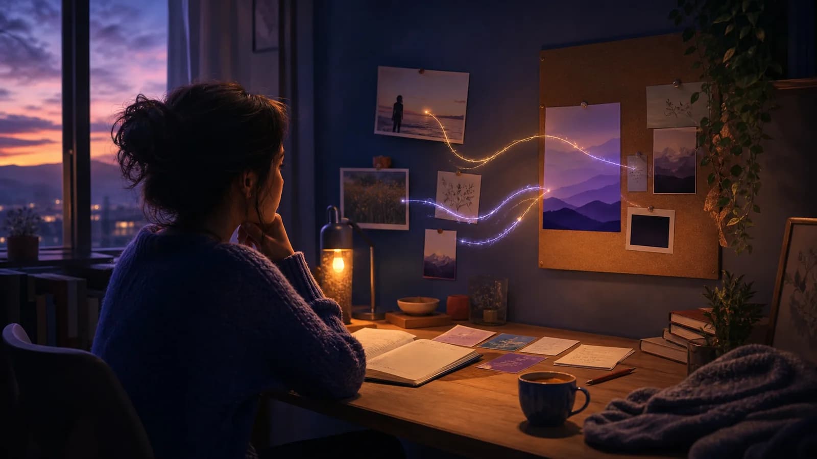 A calm personal workspace connecting conversation, memory, reflection, notes, projects, and tasks around one central glow