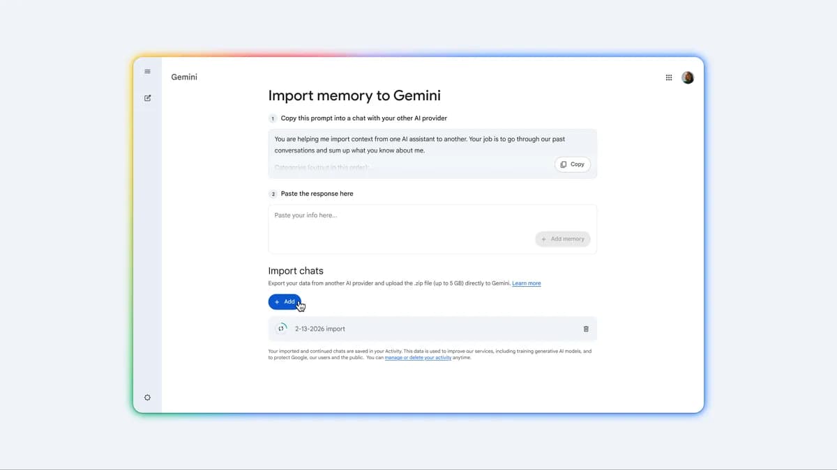 Gemini Import Chat History interface